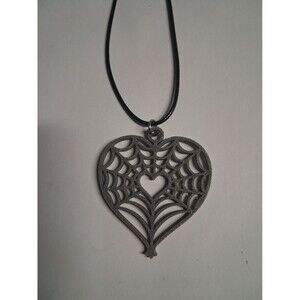 grey Web Heart 3 D Printed Necklace Handmade On 18 Inch  Black Cord